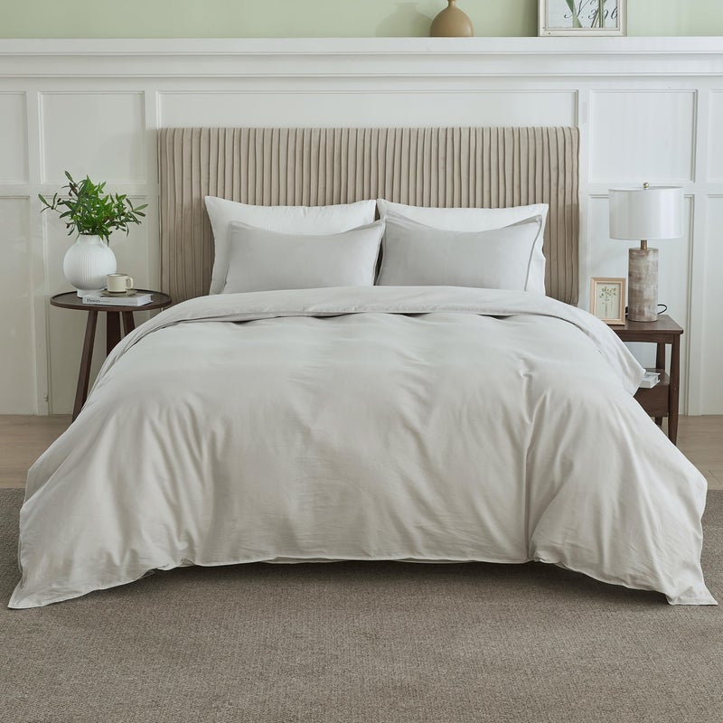 BISELINA French Linen Duvet Cover Set 3pcs with Hidden Zipper Closure Natural Flax Cotton Blend Solid Color Soft Breathable Luxury Farmhouse Bedding - King Size, Khaki Grey - Image 1